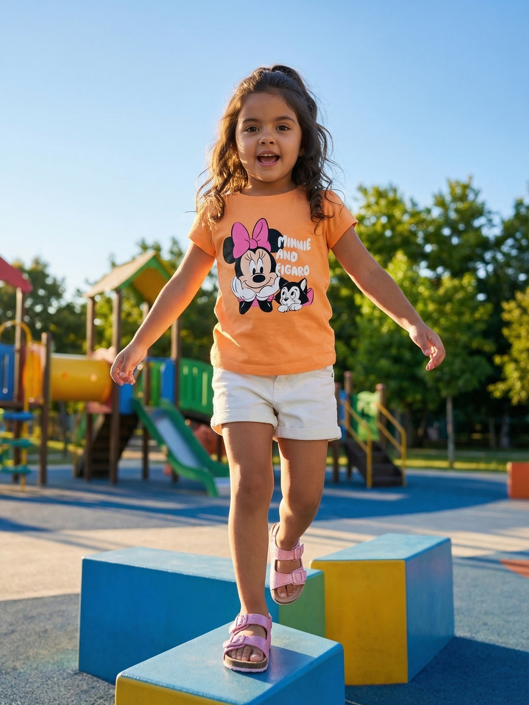 Nautinati Girls' 100% Cotton Crew Neck Disney Minnie Mouse & Figaro Printed T-shirt