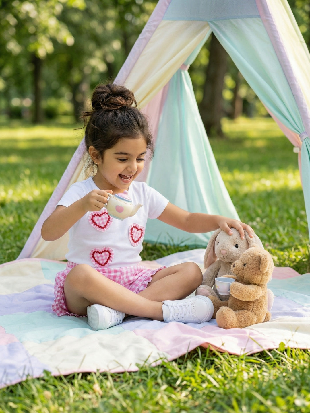 Nautinati Girls 100% Cotton Hearts Applique Oversized T-Shirt With Gingham Shorts