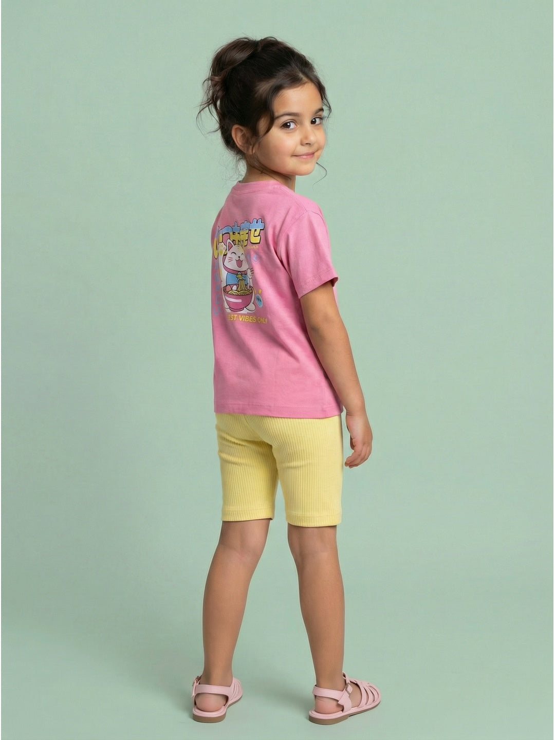 Nautinati Girls Lucky Cat Print Oversized Crew Neck Pink Cotton T-shirt and Biker Shorts Clothing Set
