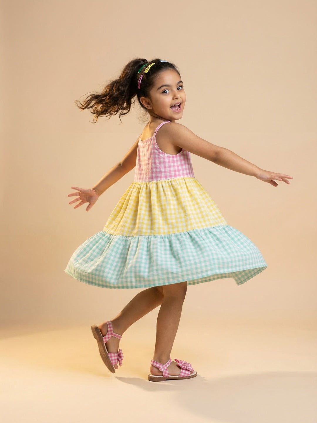 Nautinati Girls' Cotton Blend Colourblock & Gingham Chequered Gathered Strappy Dress