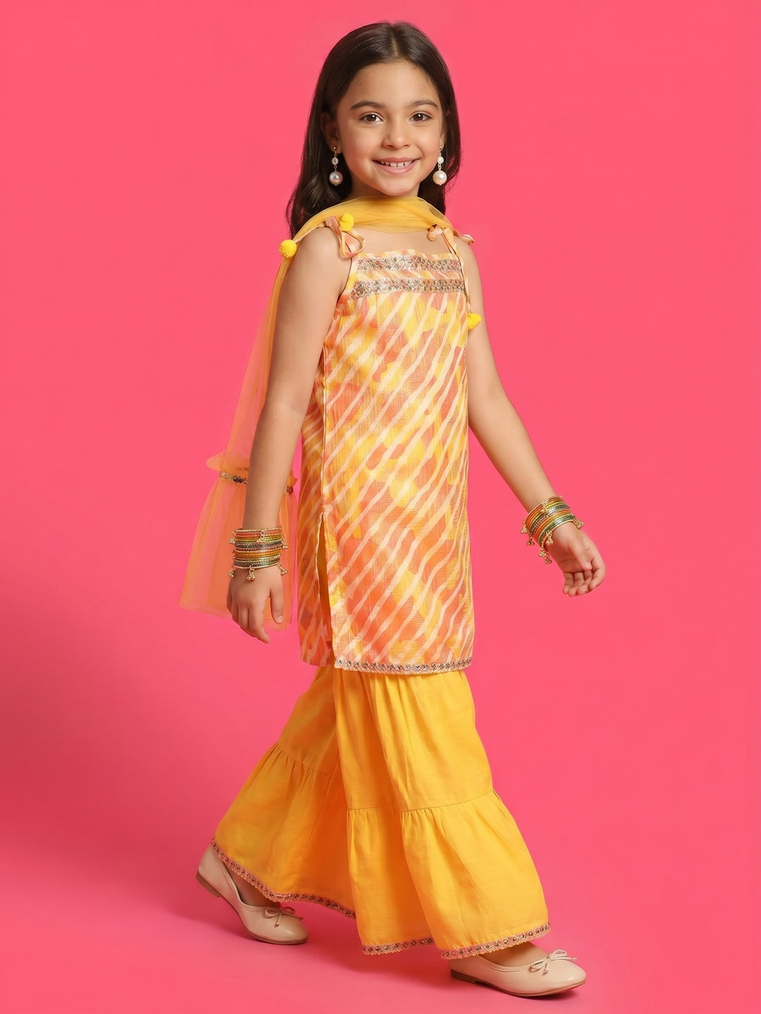 Nautinati Girls' Cotton Blend Striped Kurti with Solid Sharara & Net Dupatta Set with Gotta Patti Detail