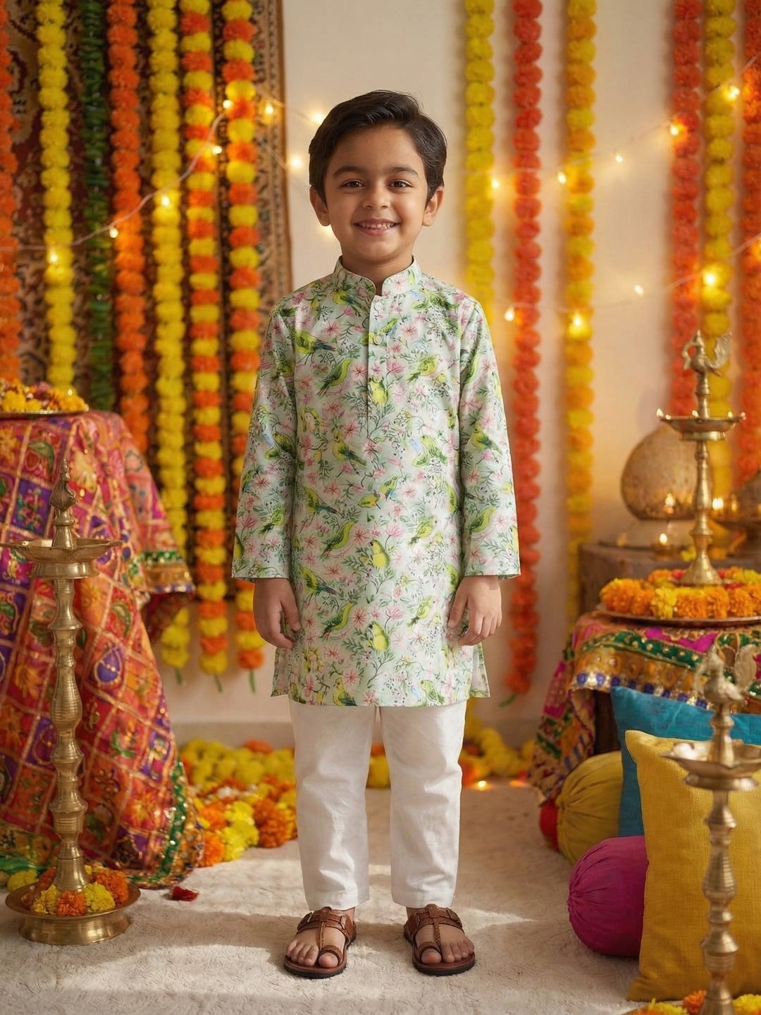Nautinati Boys' 100% Cotton Festive Resort Style Tropical Print Kurta & Pyjama Set