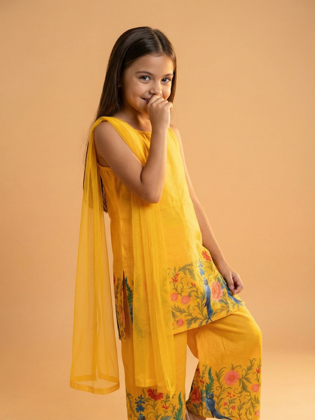 Nautinati Girls' Cotton Blend Woven Festive Floral Hem Printed Strappy A-line Kurti with Wide-leg Bottoms