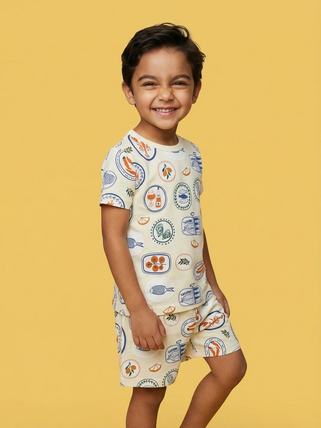 Nautinati Boys Off-White Cotton All Over Print Half-Sleeve Summer T-shirt and Shorts Set