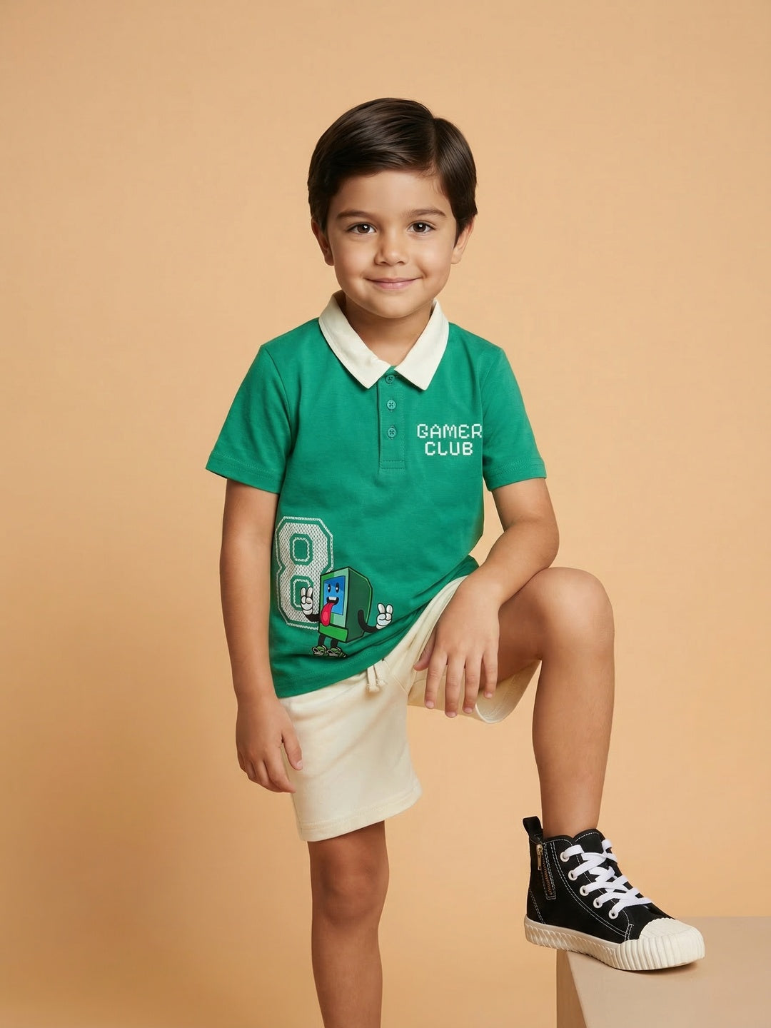 Nautinati Boys Cotton Polo Neck  Gamer Print Regular Fit T-shirt and Shorts Set