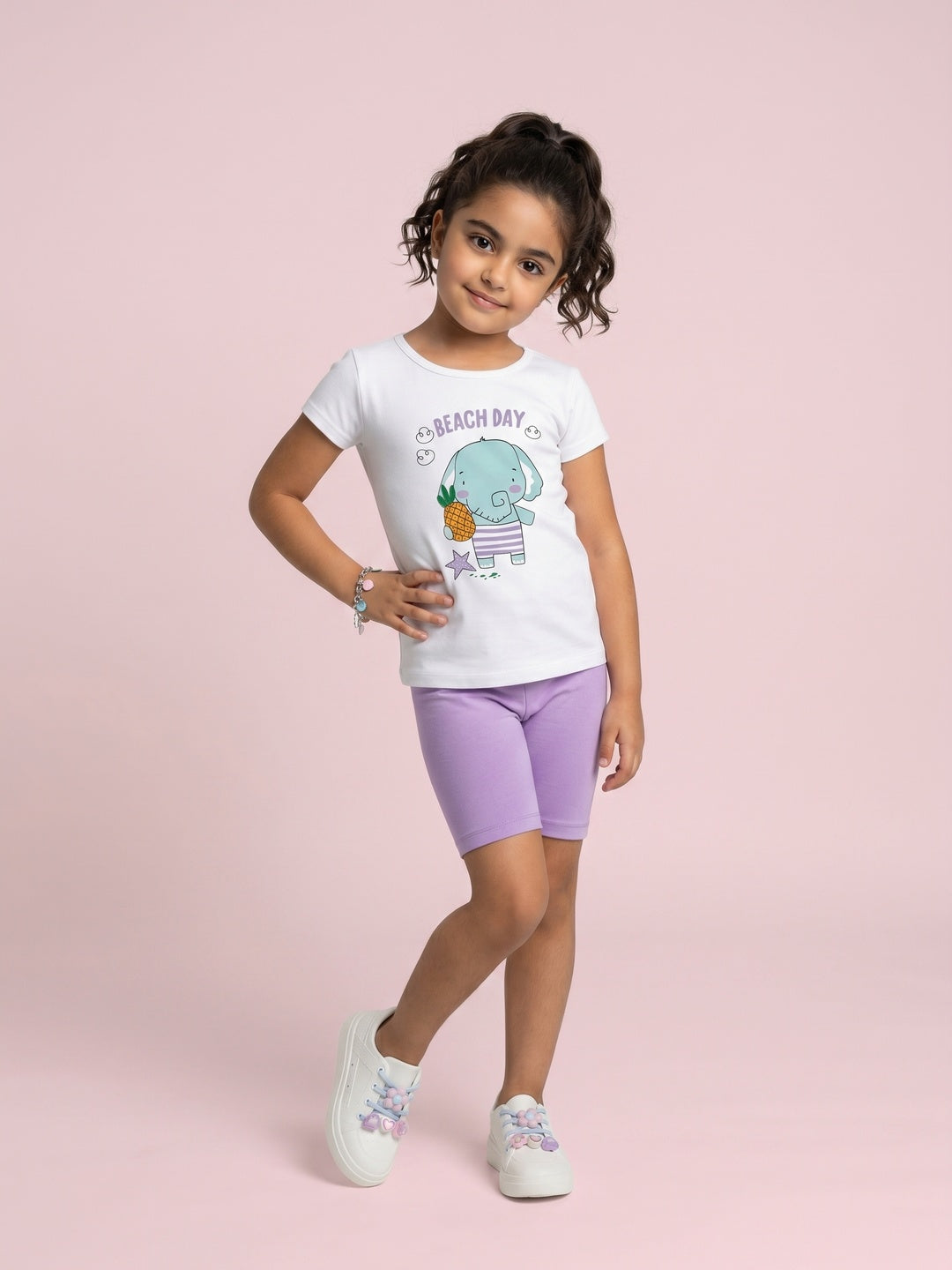 Nautinati Girls' Cotton Cute Elephant Printed T-shirt and Biker Shorts Co-ord Set