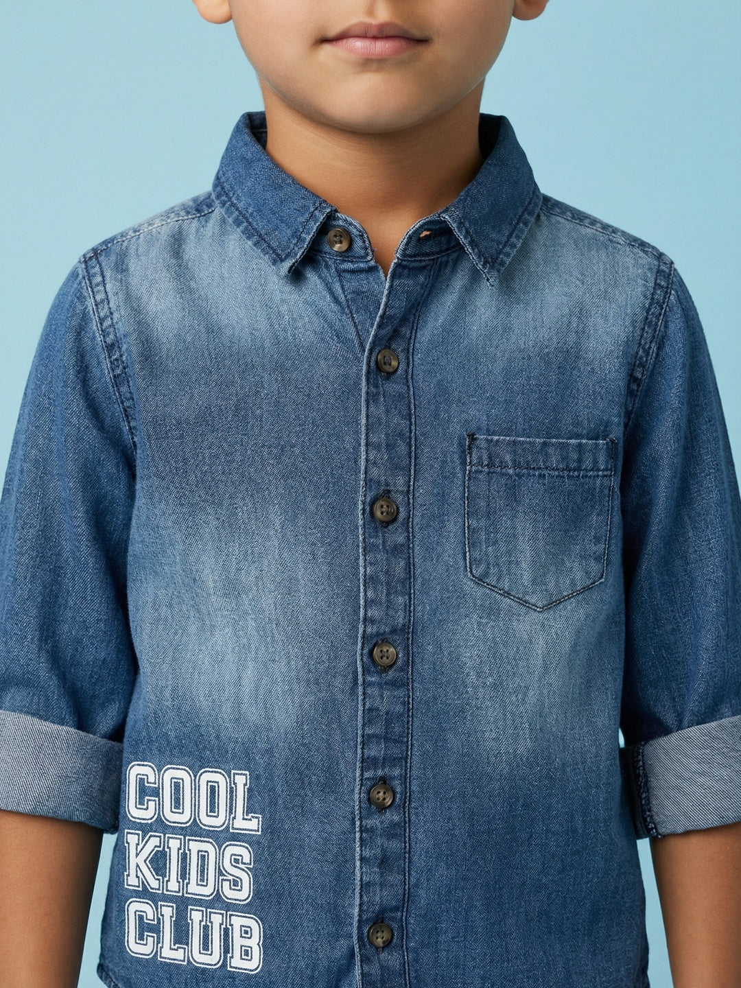 Nautinati Boys' 100% Cotton Dark Wash Varsity Placement Print Denim Shirt