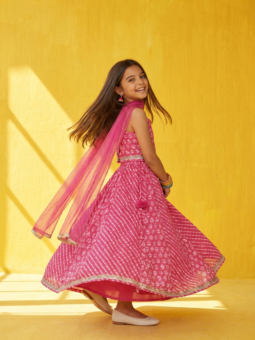 Nautinati Girls' 100% Cotton All-over Bandhani Print Lehenga Choli Set with Net Dupatta
