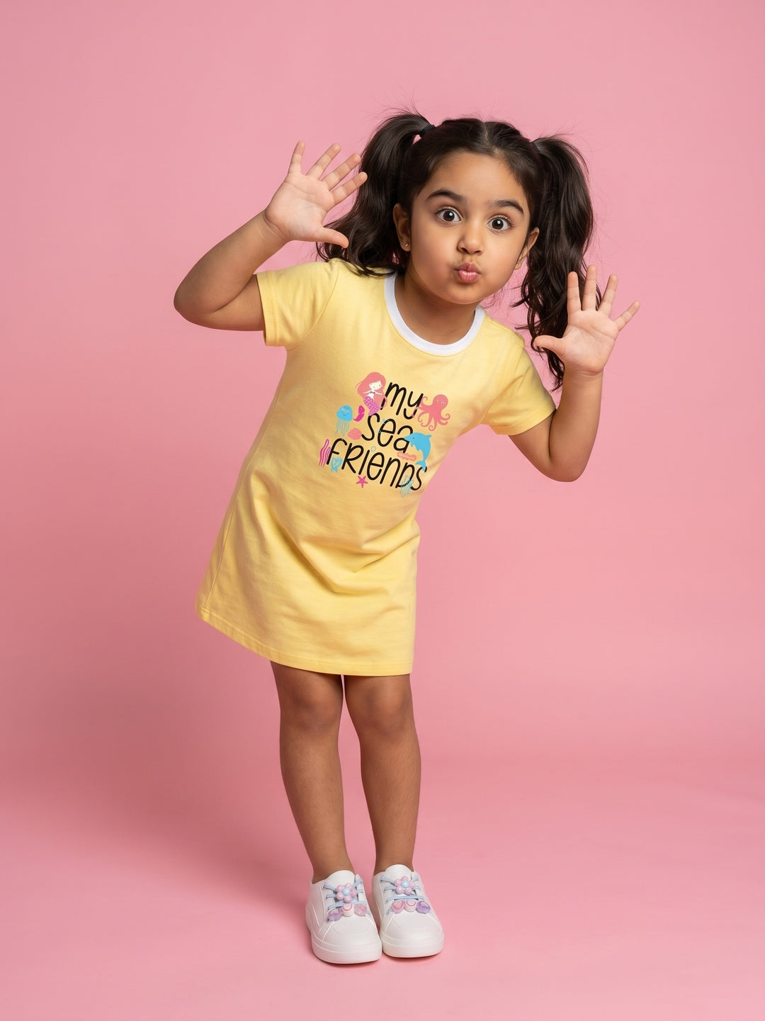 Nautinati Girls' 100% Cotton Typography & Whale, Octopus, Mermaid & Starfish Graphic Print T-shirt Dress
