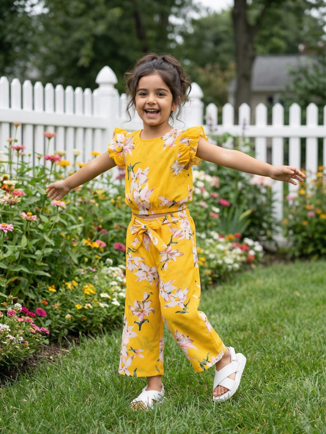 Nautinati Girls' Cotton All-over Floral Printed Ruffled Top & Trousers Co-ord Set
