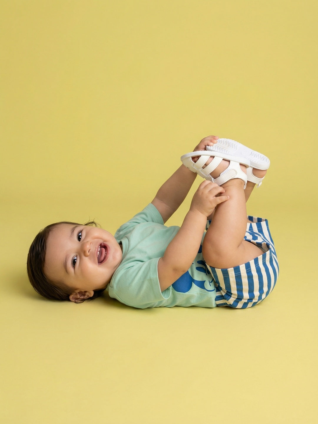 Nautinati Baby Boys Mickey Mouse Printed Regular Fit Round Neck T-shirt and Stripped Shorts Co-ord Set