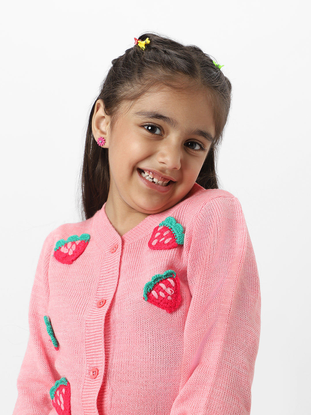 Nautinati Girls Peach Strawberries Embroidered Full Sleeves Acrylic Cardigan Sweater