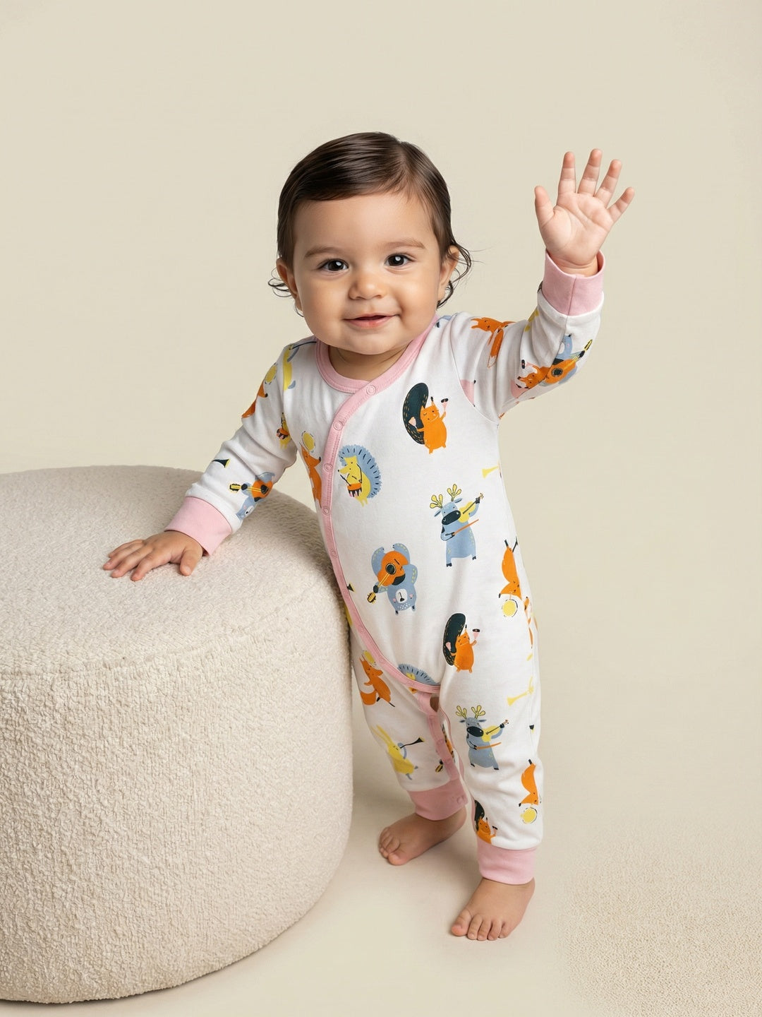 Nautinati Baby Girls' Cotton All-over Animal Printed Sleepsuit with Snap Buttons