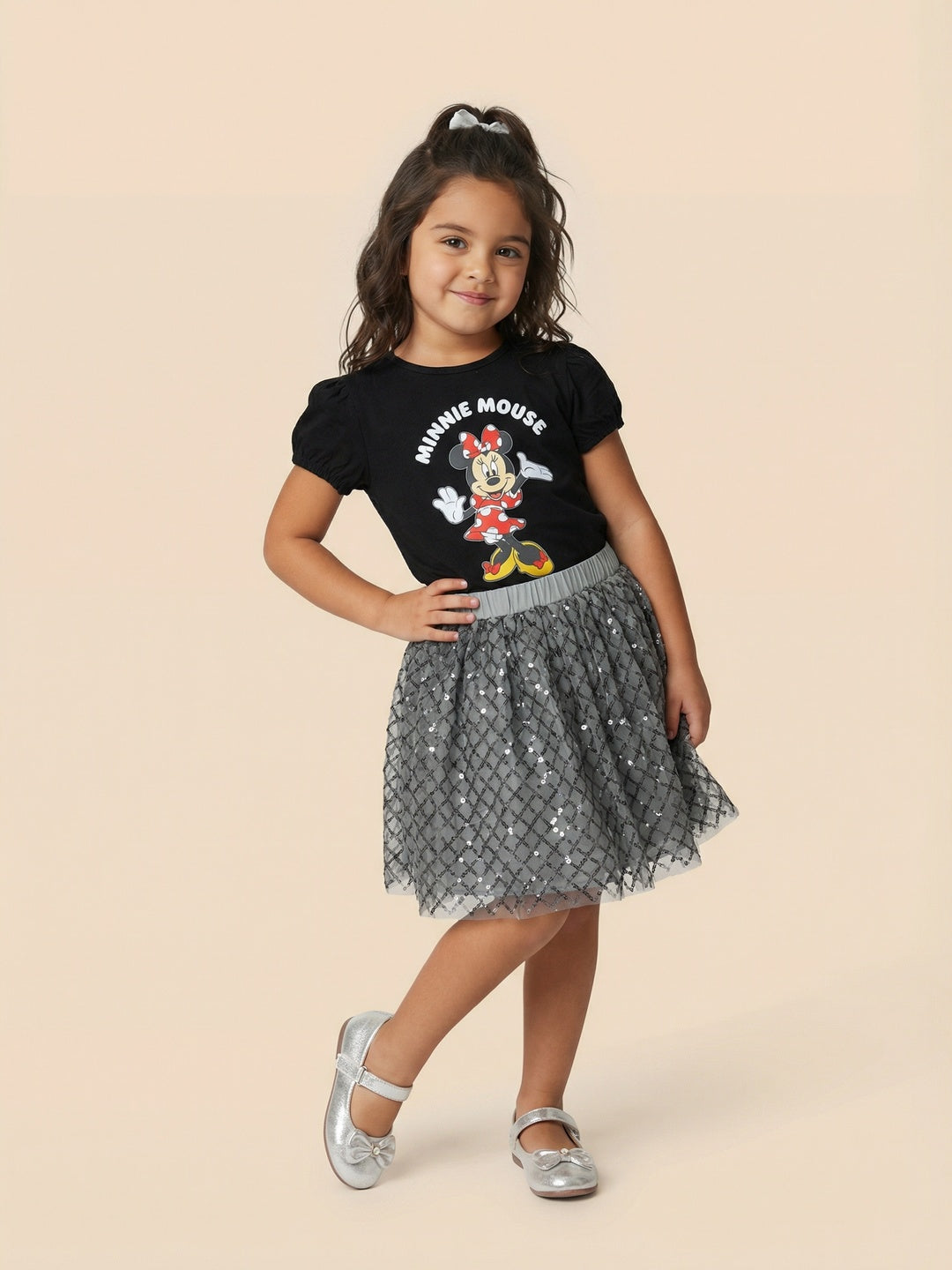 Nautinati Girls Minnie Mouse Printed Regular Fit Round Neck T-shirt and Skirt Co-ord Set