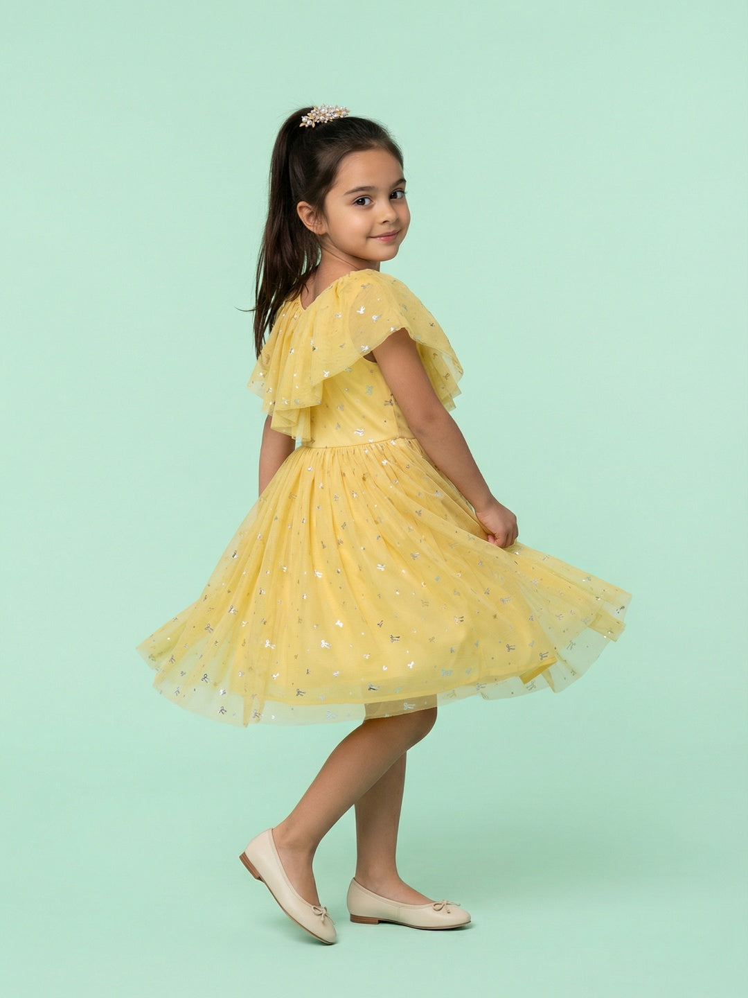 Nautinati Girls' Fit & Flare Holographic Foil Printed Mesh Party Dress