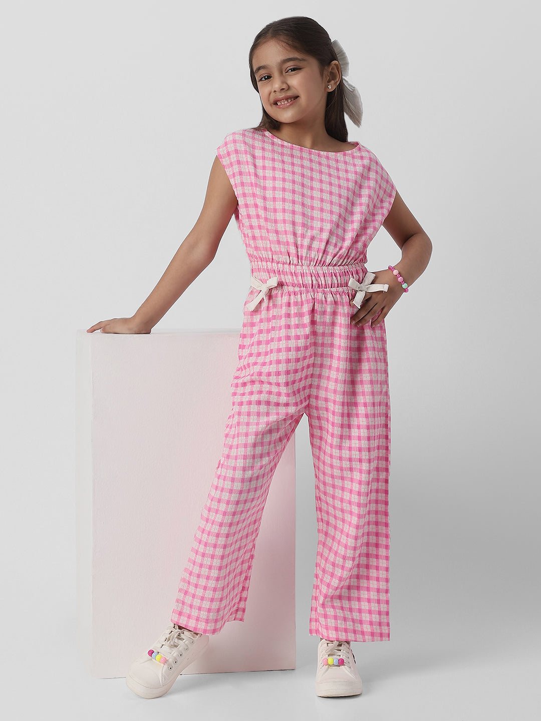 Nautinati Girls Cotton Textured Fabric Gingham Checked Jumpsuit with Bow Detail