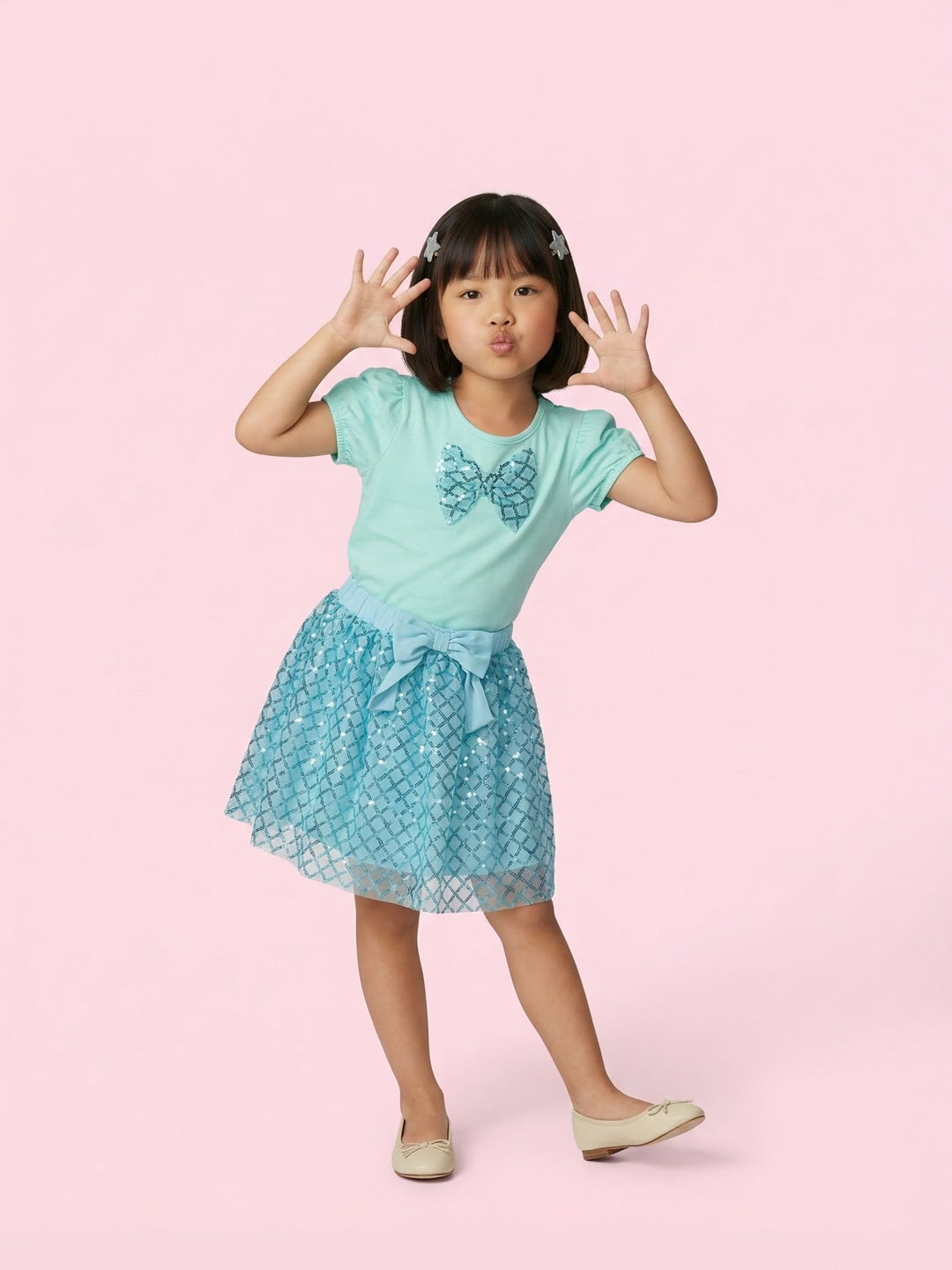 Nautinati Girls Blue Sequined T-Shirt And Skirt With Satin Bow Clothing Set