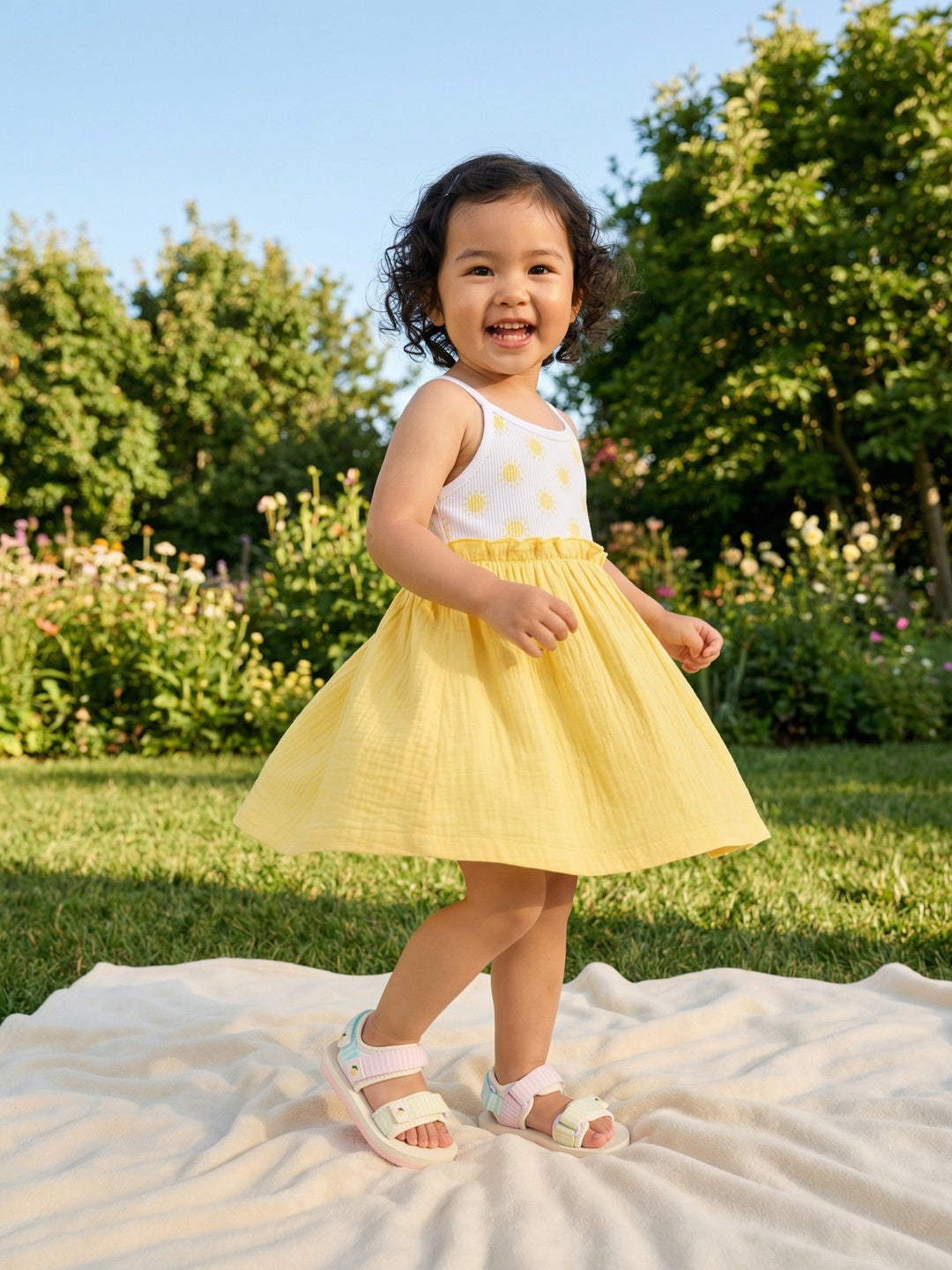 Nautinati Girls' Premium Double Cloth All-over Sun Print Fit & Flare Dress with Gathered Detail