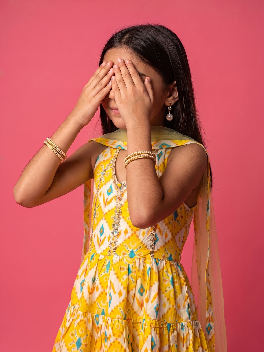 Nautinati Girls' 100% Cotton All-over Print Ikat Print Kurti with Wavy-striped Sharara & Net Dupatta