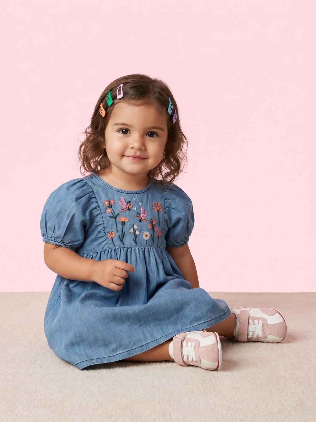Nautinati Girls' Denim Floral, Dragonfly Embroidery Fit & Flare Dress