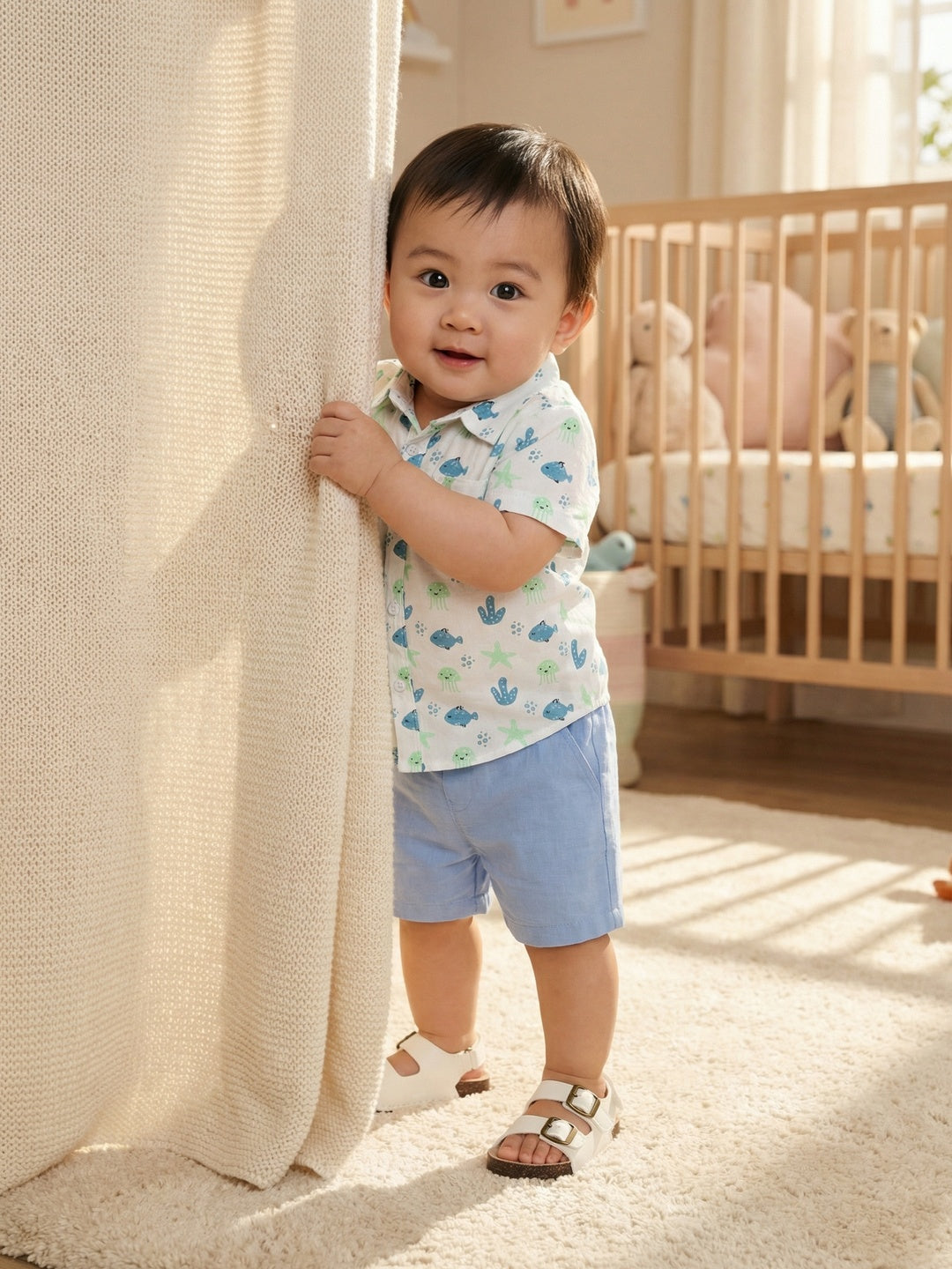 Nautinati Boys' Cotton All-over Sea Animal Printed Shirt and Shorts Co-ord Set