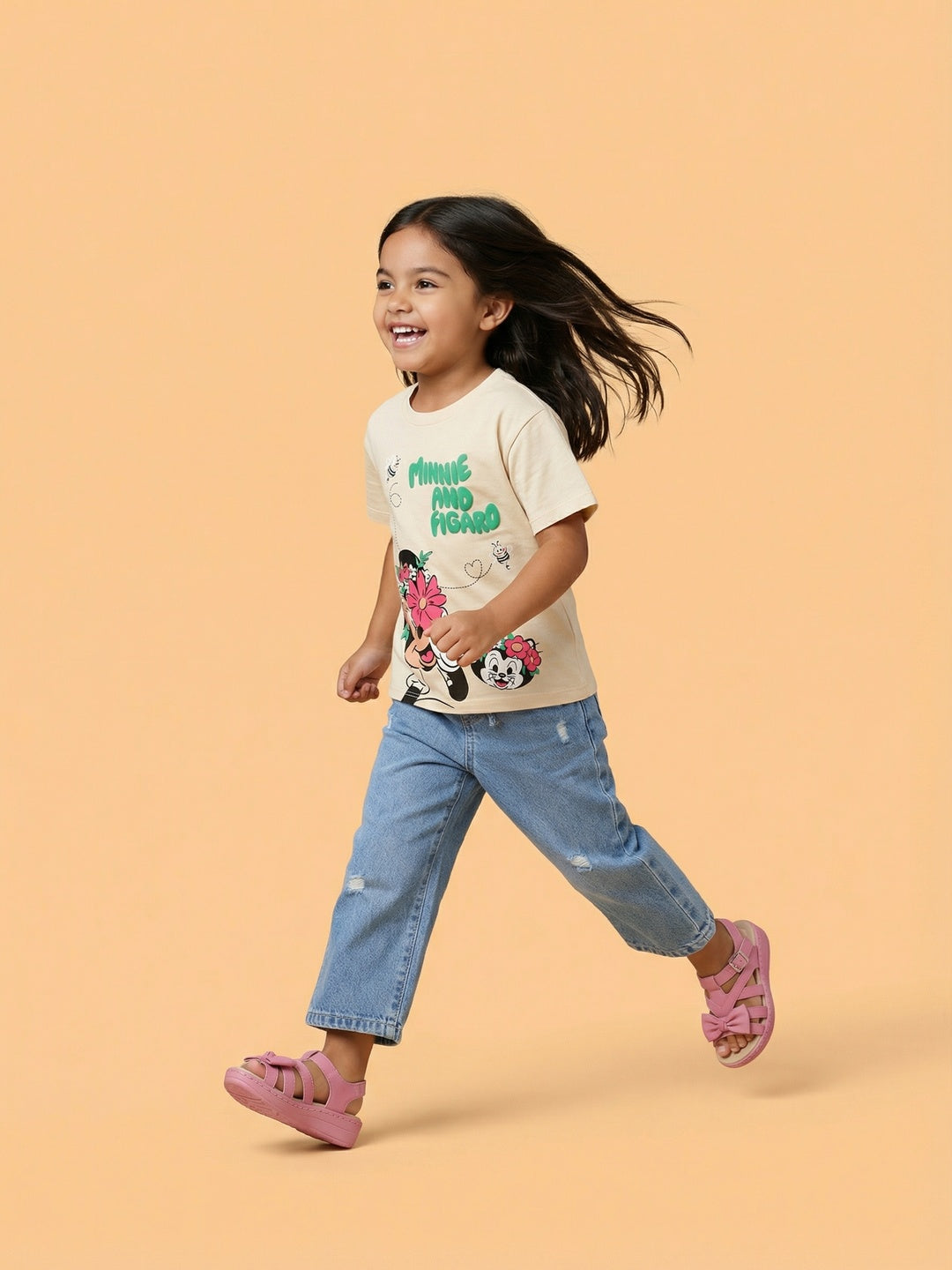 Nautinati Girls' 100% Cotton Disney Minnie & Figaro Garden Graphic Oversized Crew Neck T-shirt