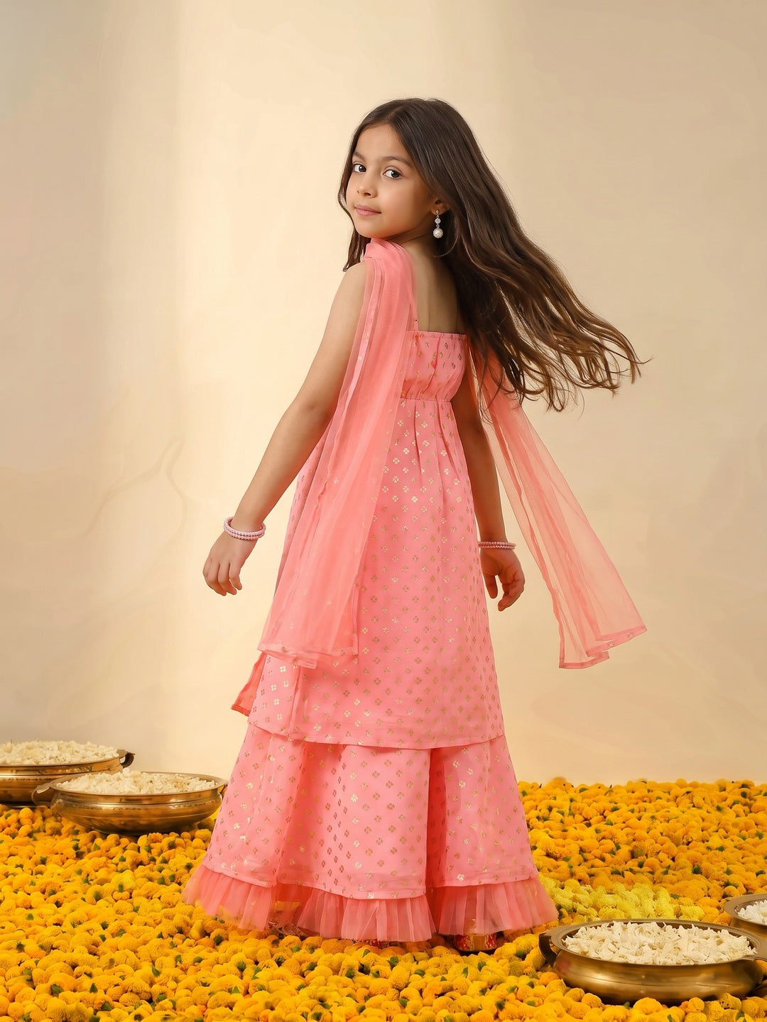 Nautinati Girls' Georgette Blend Ready-to-wear All-over Gold Toned Foil Print Lehenga & Blouse with Net Dupatta