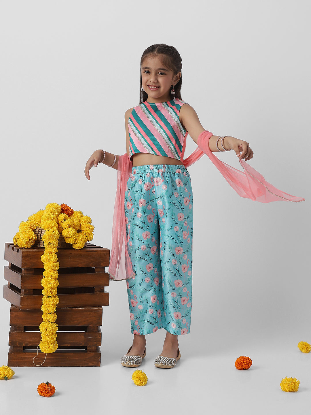 Nautinati Girlsâ€™ Striped Sleeveless Top and Printed Straight Pants with Net Dupatta