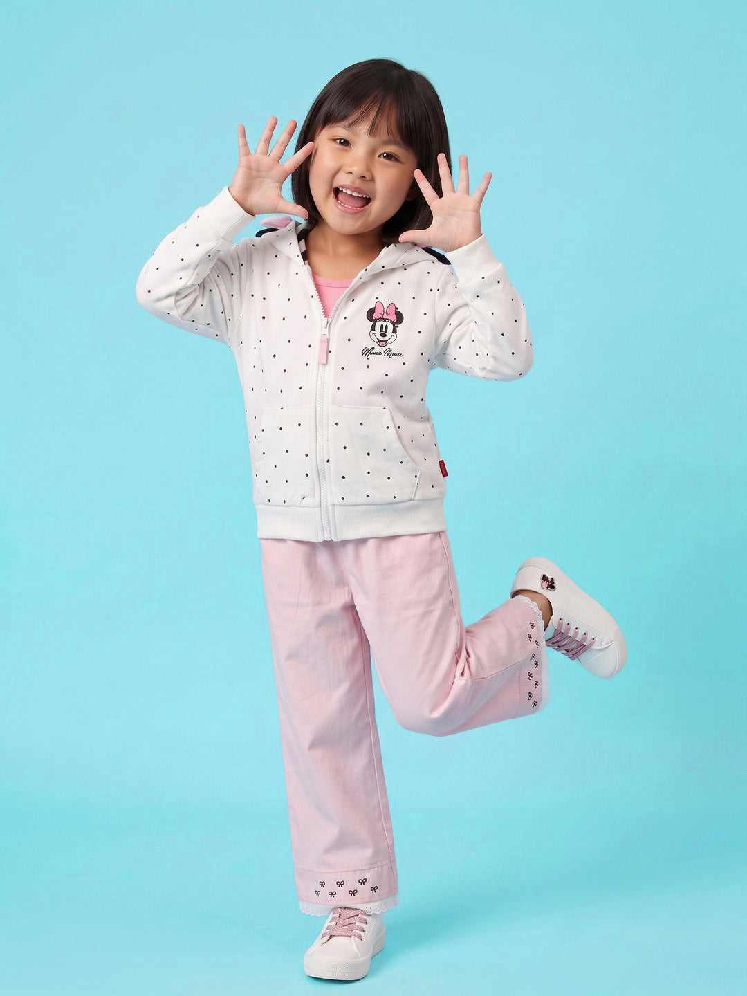 Nautinati Girls Disney Minnie Mouse Polka Dot Zip-Up Hoodie with 3D Bow Applique