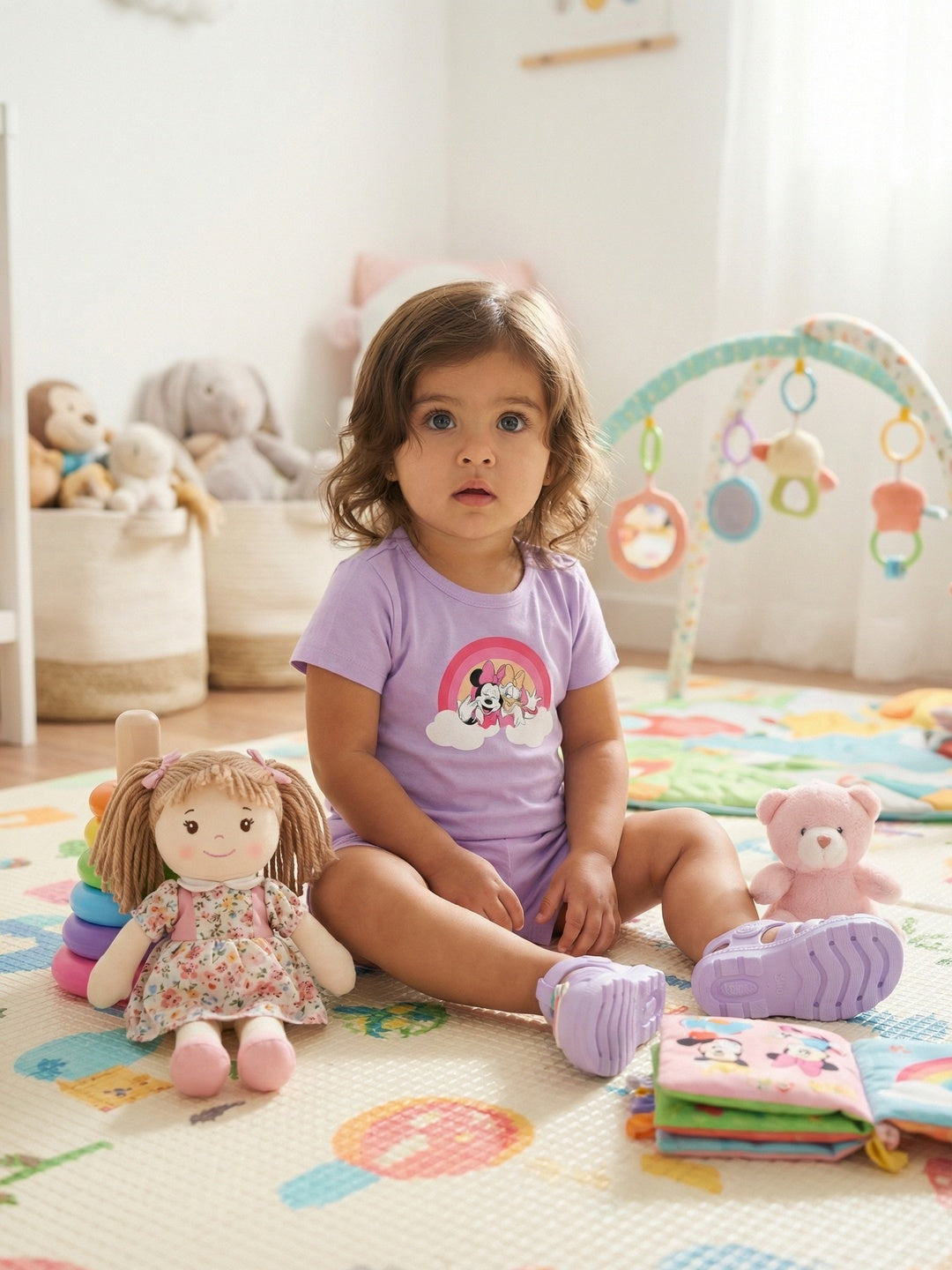 Nautinati Girls' Cotton Disney Minnie Mouse and Daisy Printed T-shirt and Shorts Co-ord Set