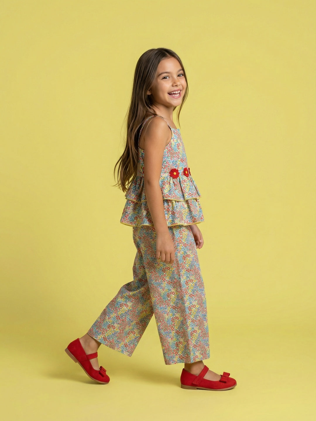 Nautinati Girls Tropical Floral Print Strappy Peplum Top with Wide Legged Pants Set