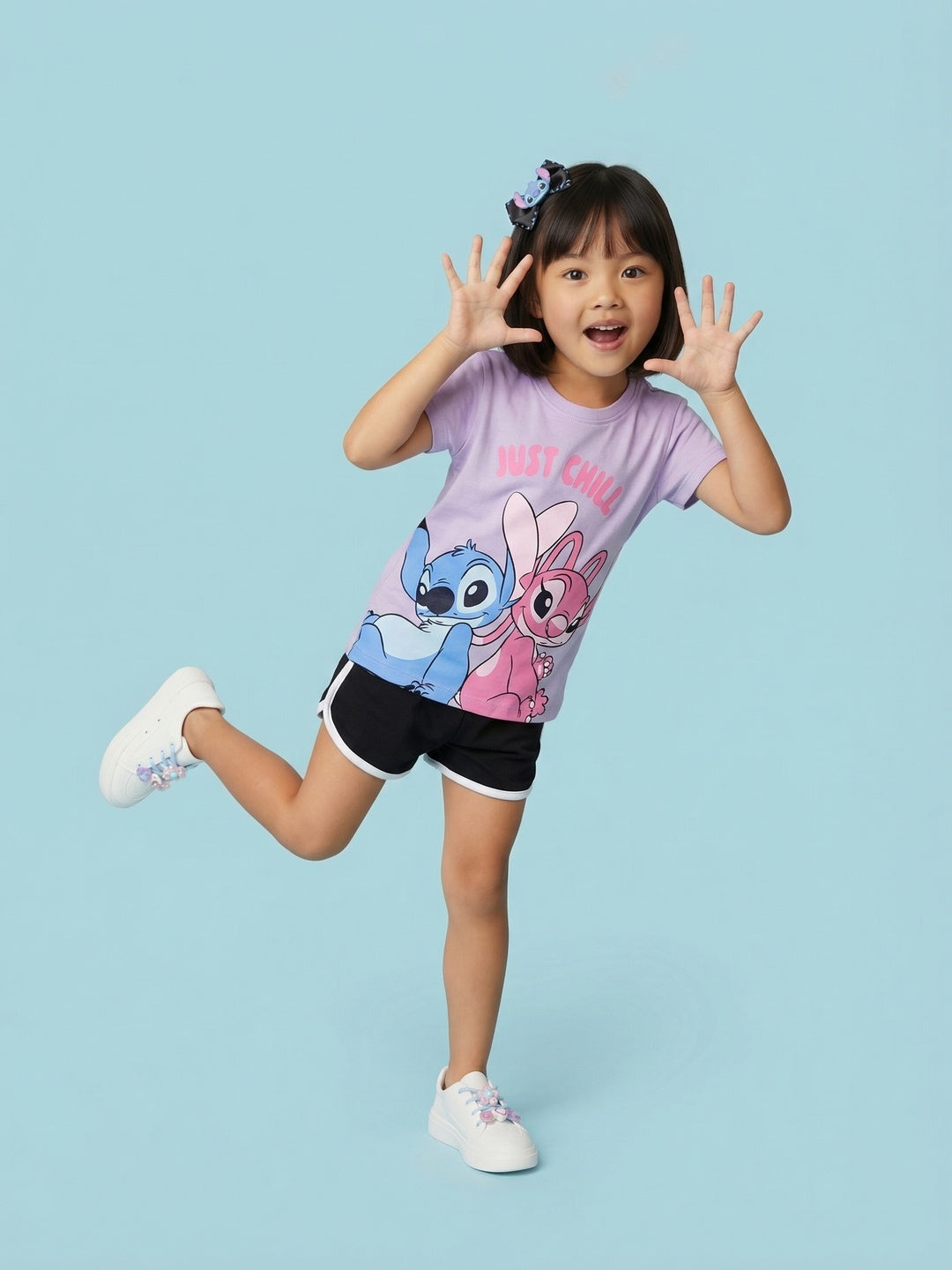 Nautinati Girls Lilo & Stitch Printed Regular Fit Round Neck T-shirt and Shorts Set