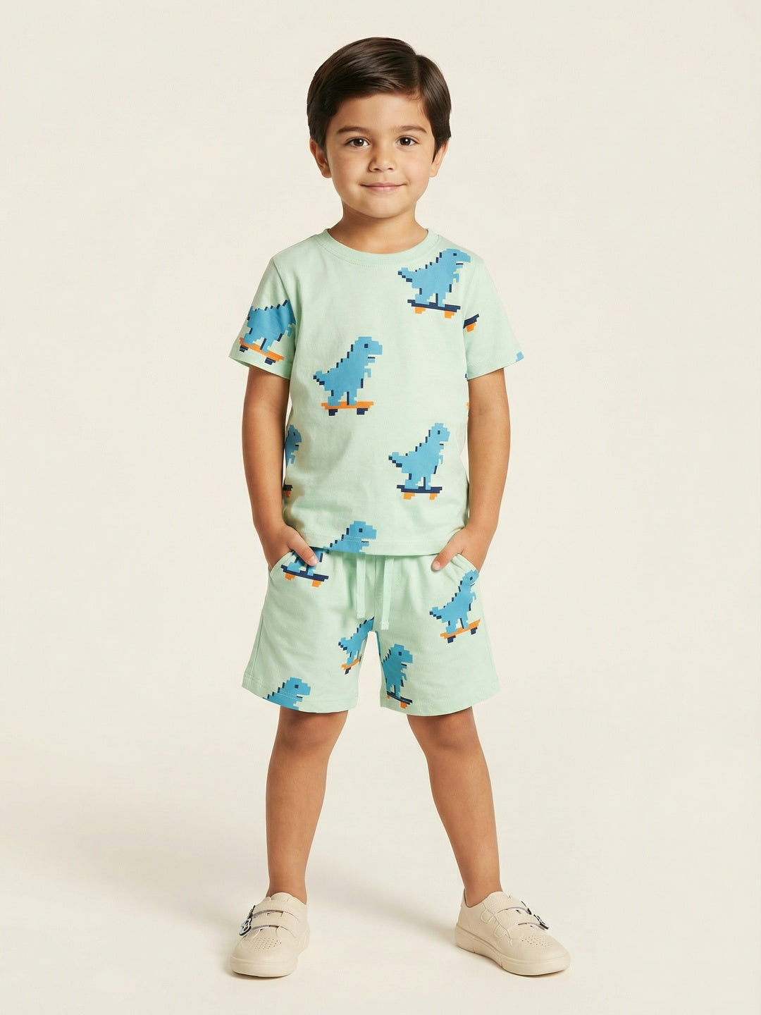 Nautinati Boys' Animal Printed Regular Fit Round Neck T-shirt and Shorts Co-ord Set