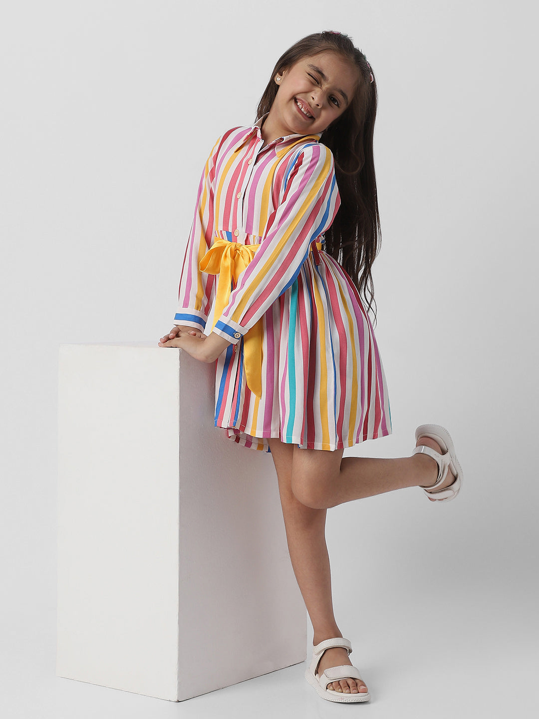 Nautinati Girls Striped Multicolour Shirt Dress