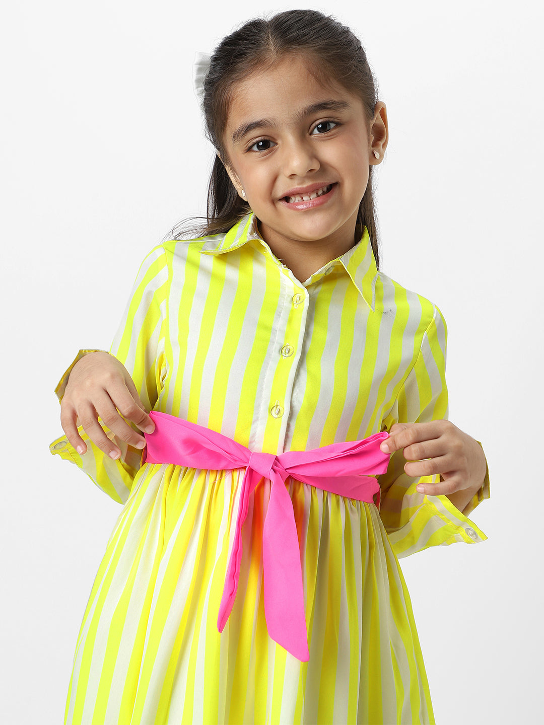 Nautinati Girls Yellow Striped Full Sleeves Collar Neck Casual Wear Knee Length Dress