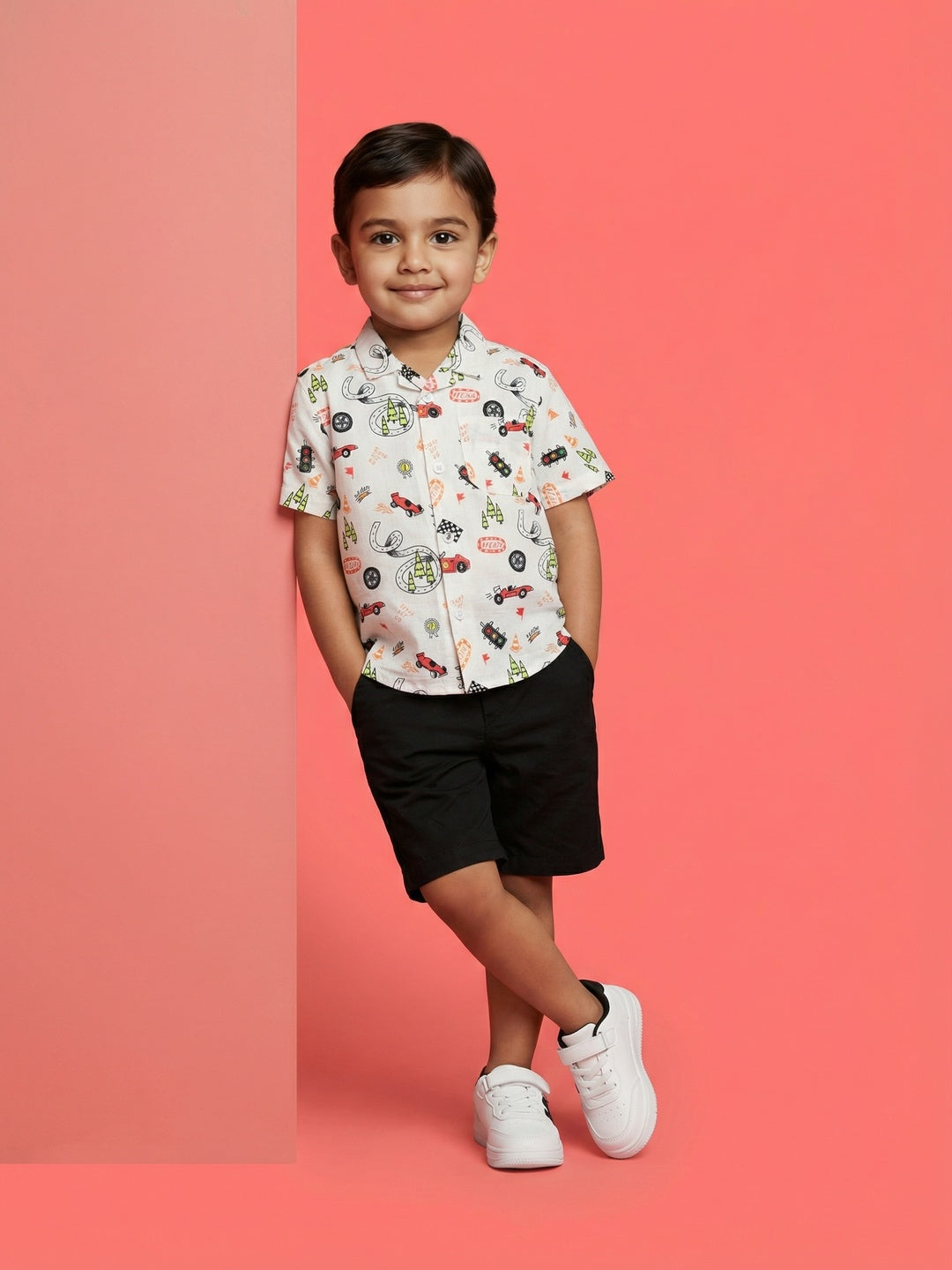 Nautinati Boys 100% Cotton Racing Printed Oversized Resort Shirt and Shorts Set