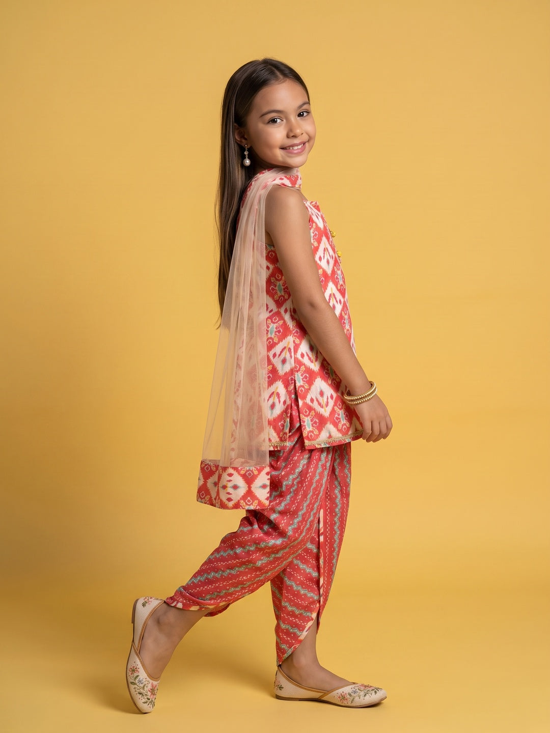 Nautinati Girls' 100% Cotton All-over Print Kurti With Dhoti Pants & Net Dupatta