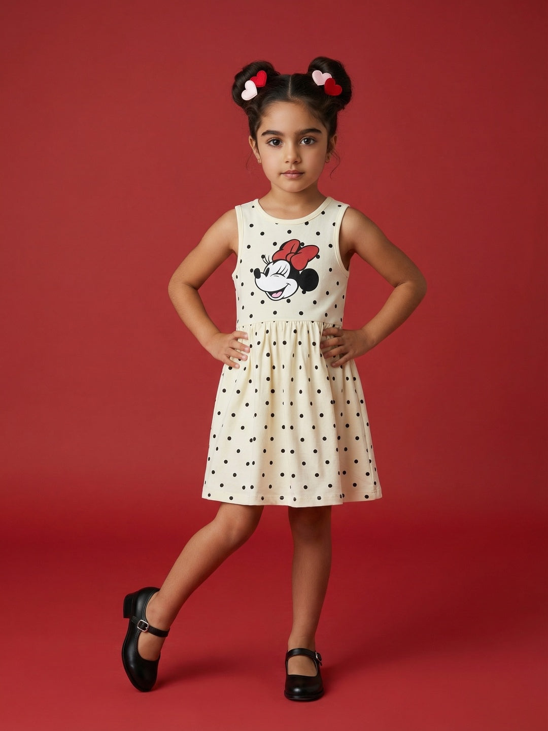 Nautinati Girls' 100% Cotton Disney Minnie Mouse Placement Print & Polka Dot Print Dress