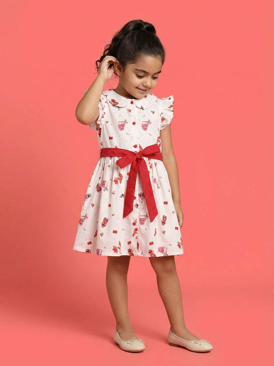Nautinati Girls' 100% Cotton Valentine's Day Theme Pet Dogs All-over Print Shirt Dress with Peter Pan Collar