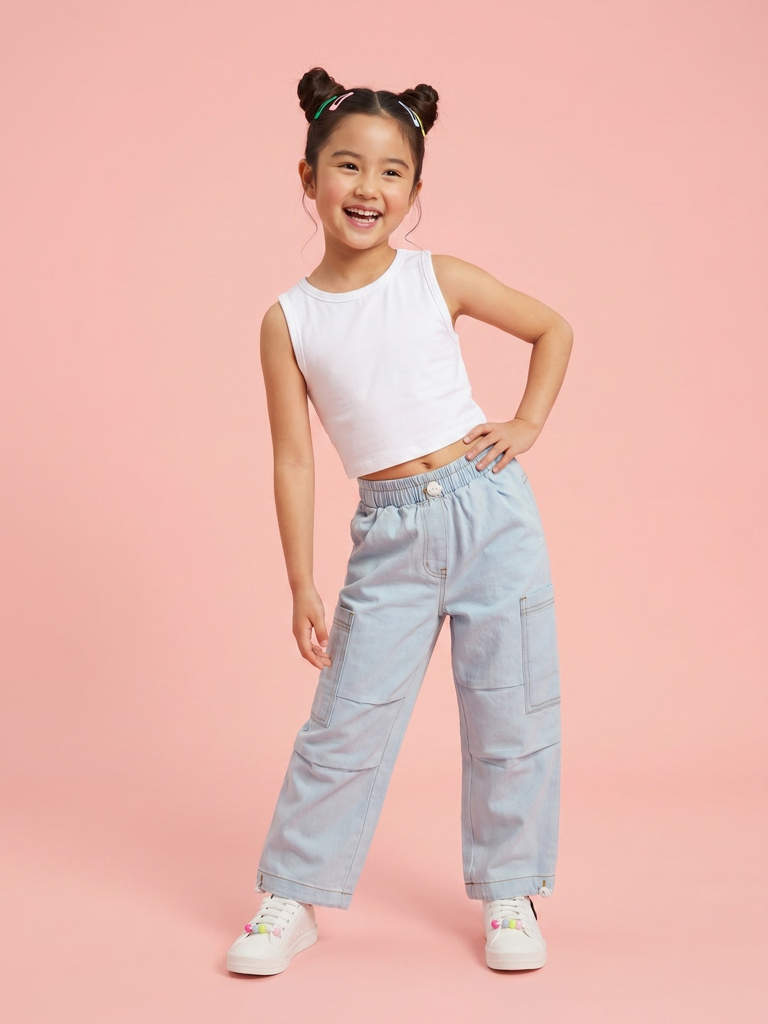 Nautinati Girls' Solid Loose fit Denim Cargo Jeans with Cargo Pockets