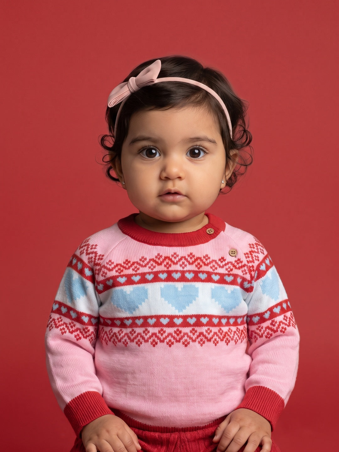 Nautinati Baby Girls Hearts Fairisle Knit Sweater with Button Closure, Relaxed Fit