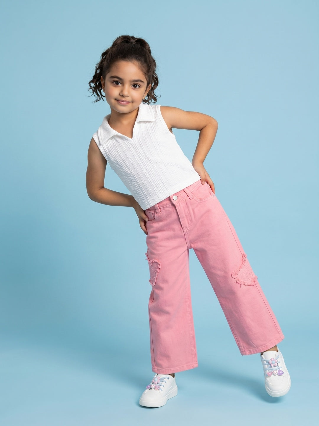 Nautinati Girls' 100% Cotton Wide-leg Cargo Jeans with Embroidered Butterfly Details