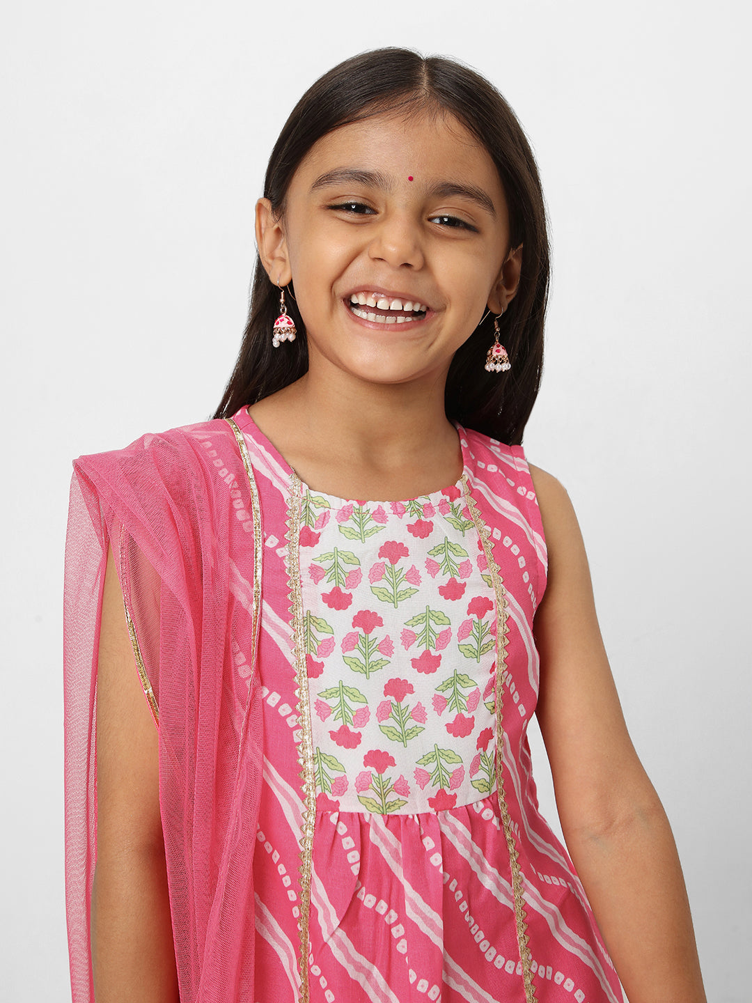 Nautinati Girls' Printed Sleeveless Kurta Set with Dupatta