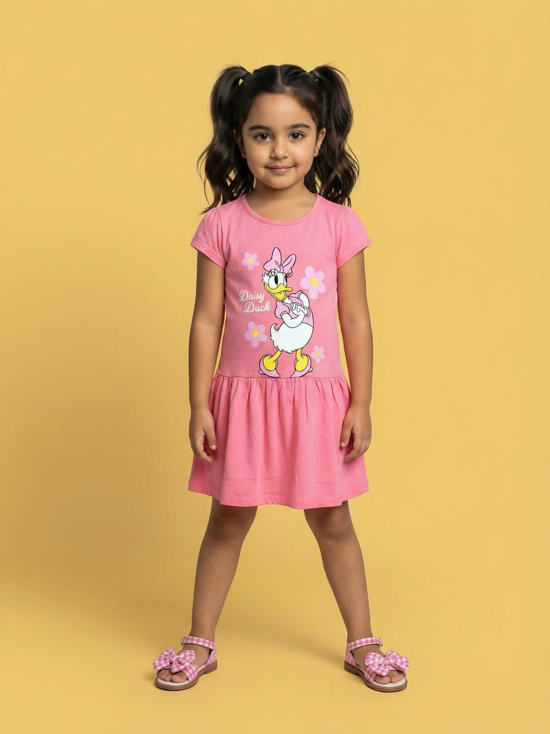 Nautinati Girls' 100% Cotton Disney Daisy Duck Floral Placement Print A-line Dress