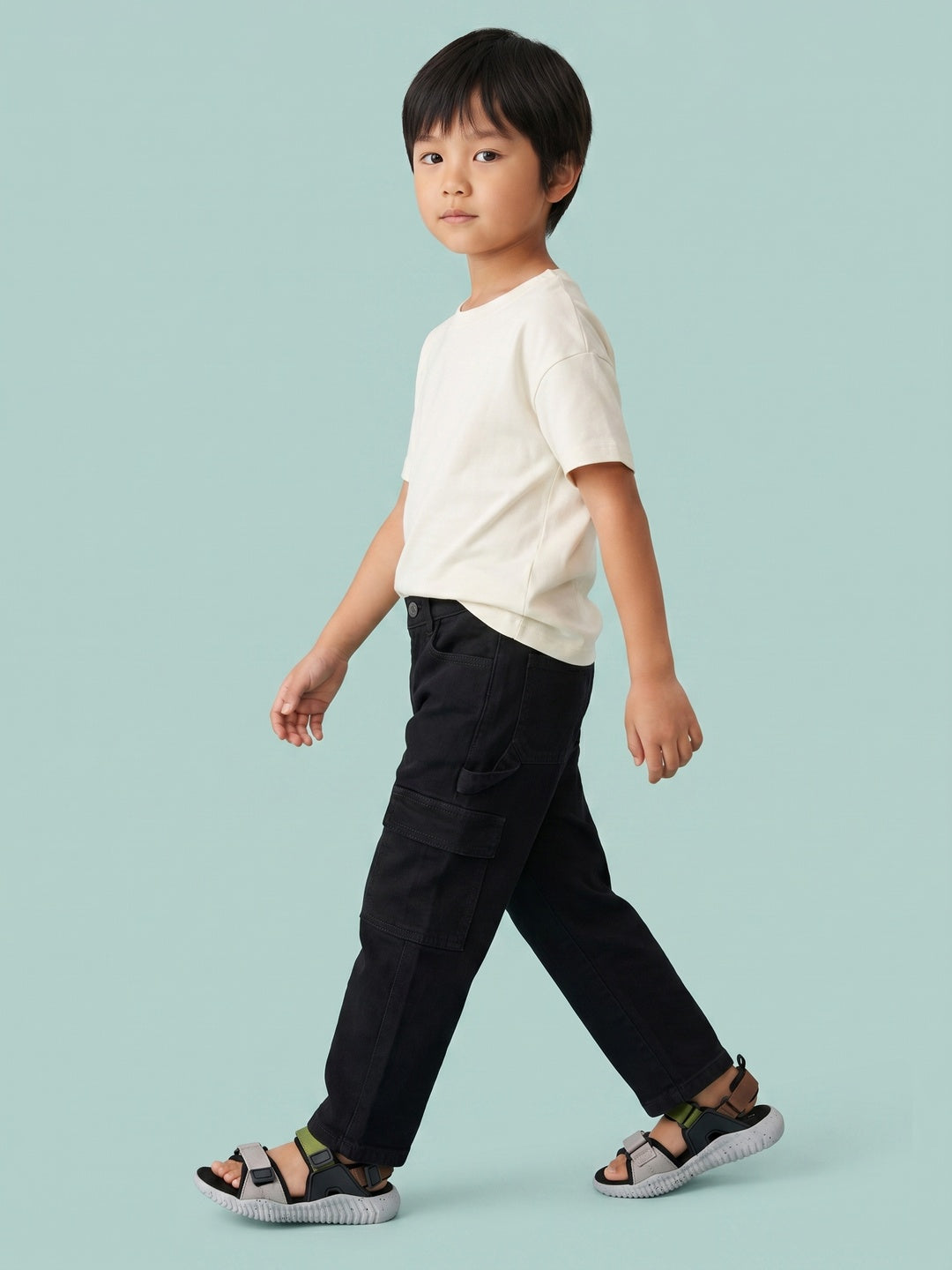 Nautinati Boys Pure Cotton Black Loose Fit Cargo Jeans