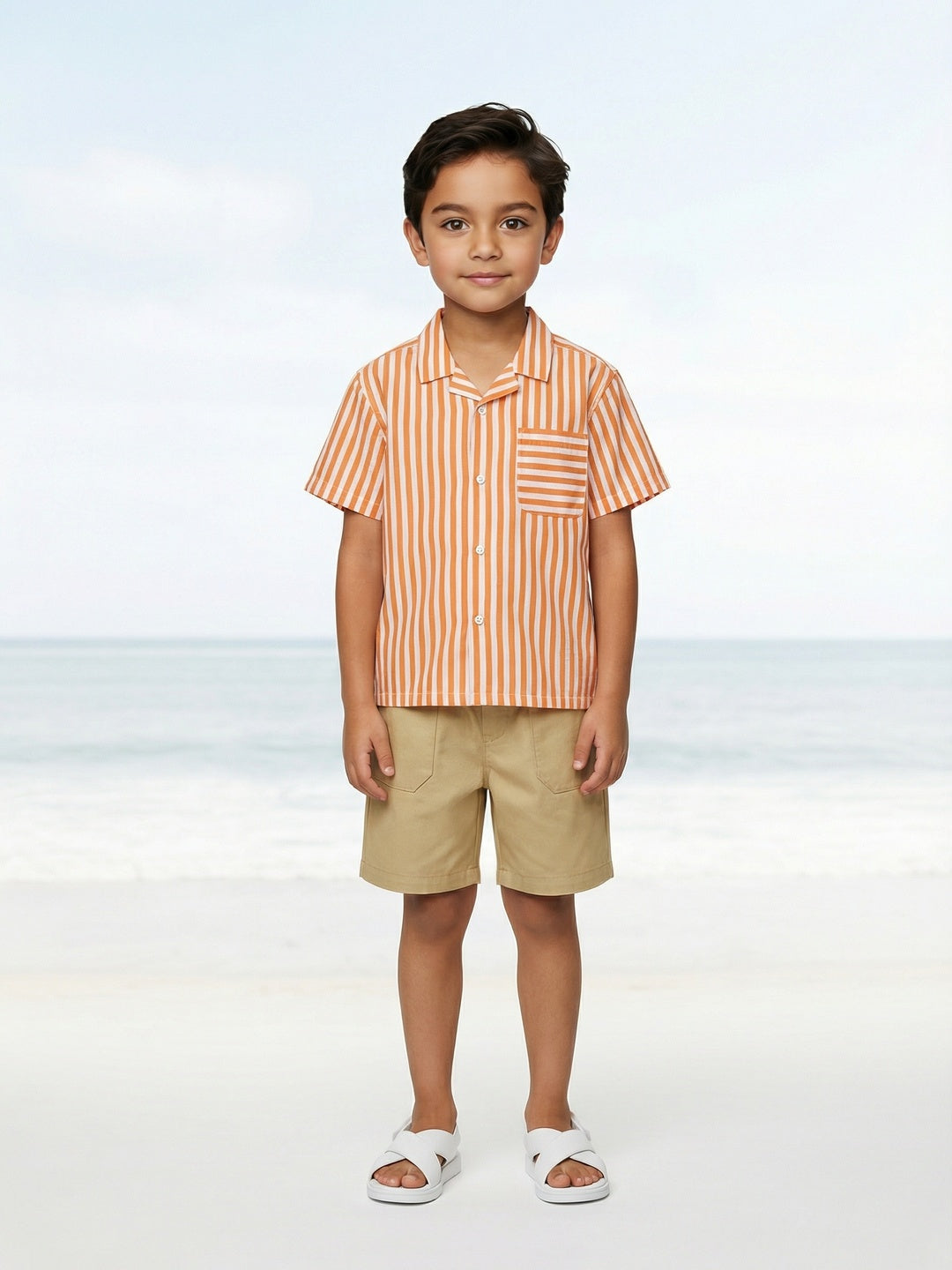 Nautinati Boys Orange Striped Oversized 100% Cotton Resort Shirt and Twill Shorts Clothing Set