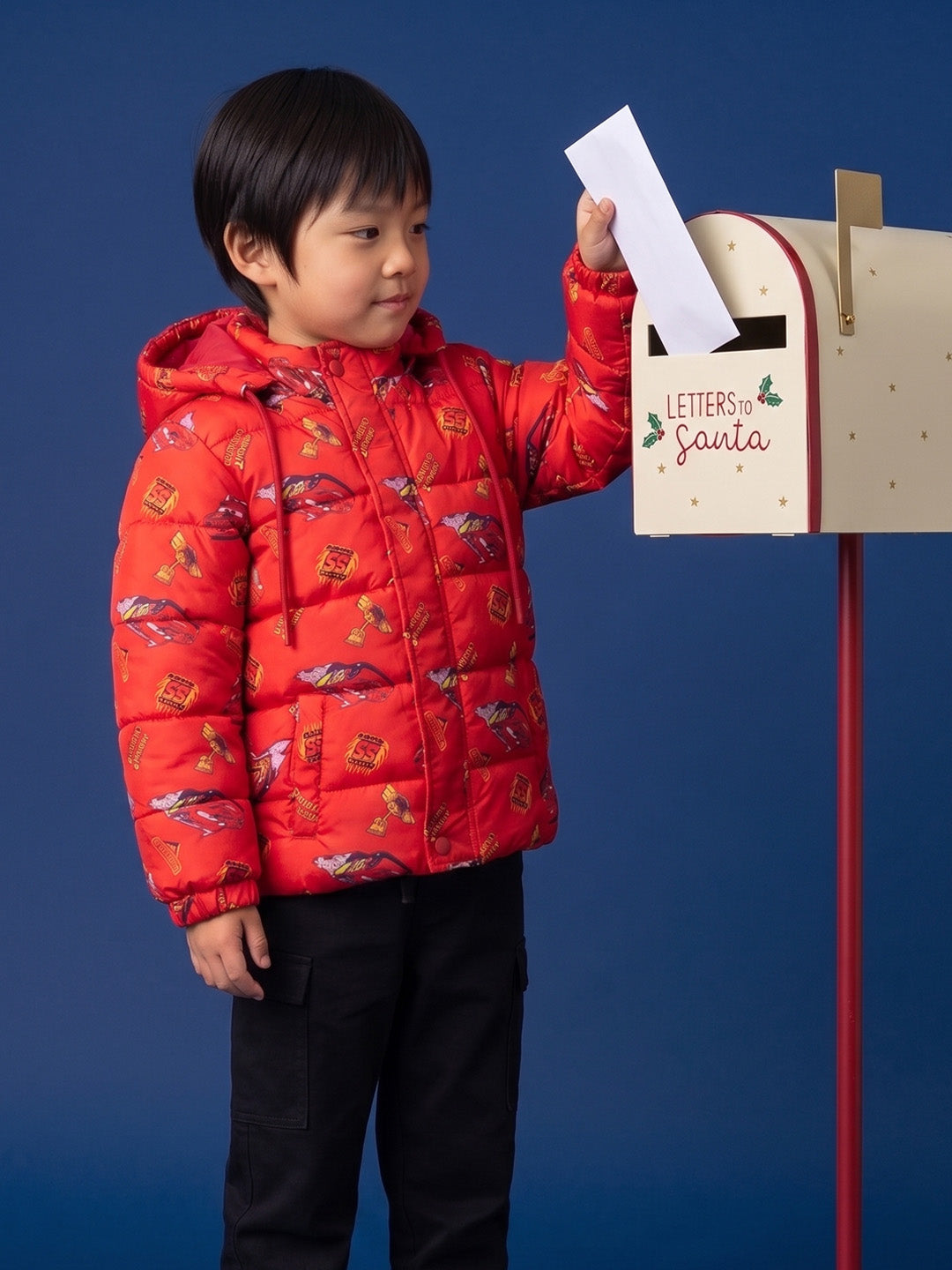 Nautinati Boys Disney Cars Printed Hooded Red Puffer Jacket with Detachable Hood