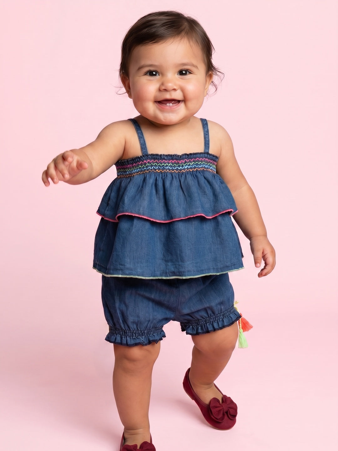 Nautinati  Girls' Denim Hem Embroidered Smocked Strappy Top & Shorts