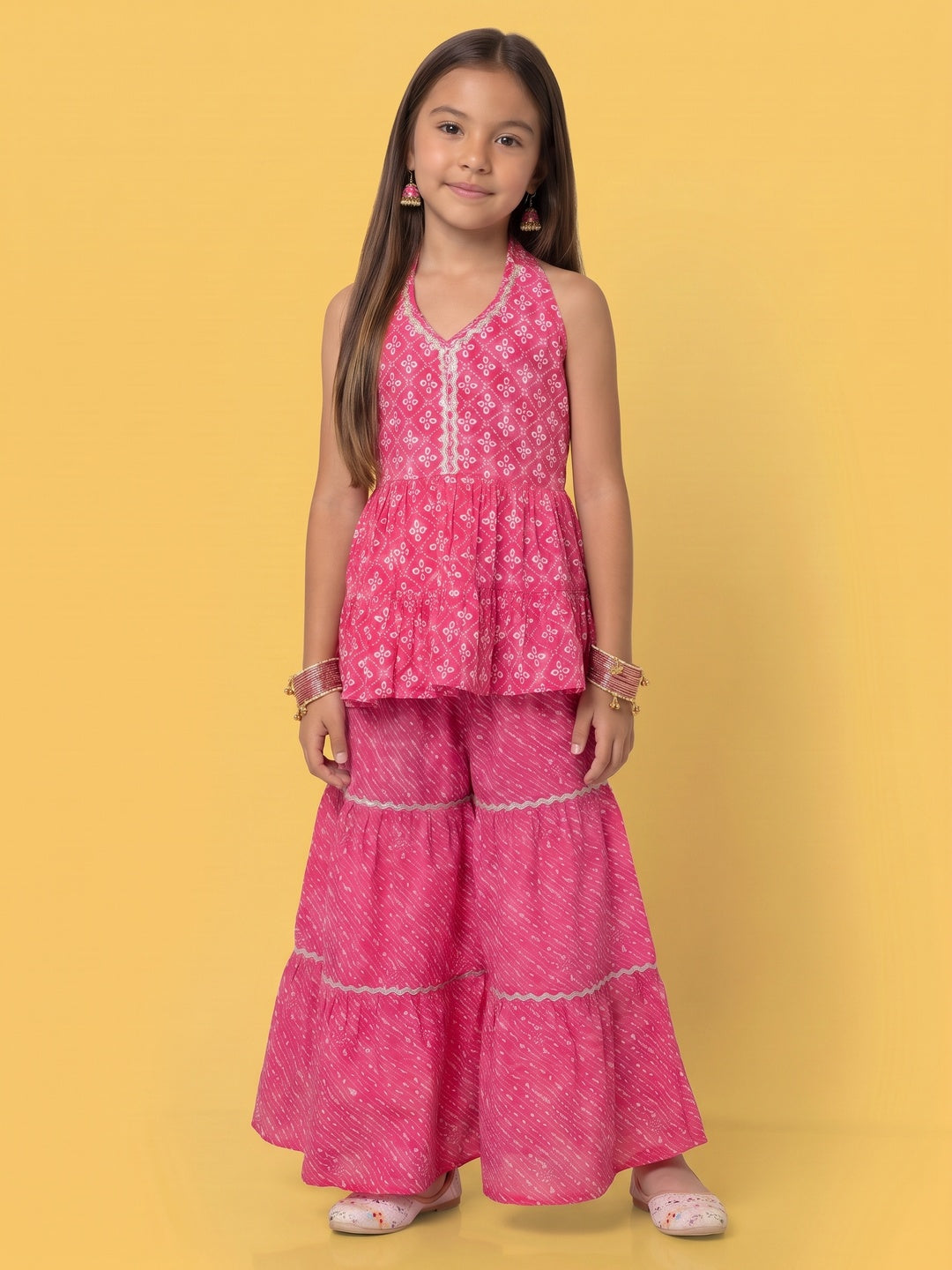 Nautinati Girls' 100% Cotton Sharara Set with Net Dupatta with Empire-style Kurti & Zari Work