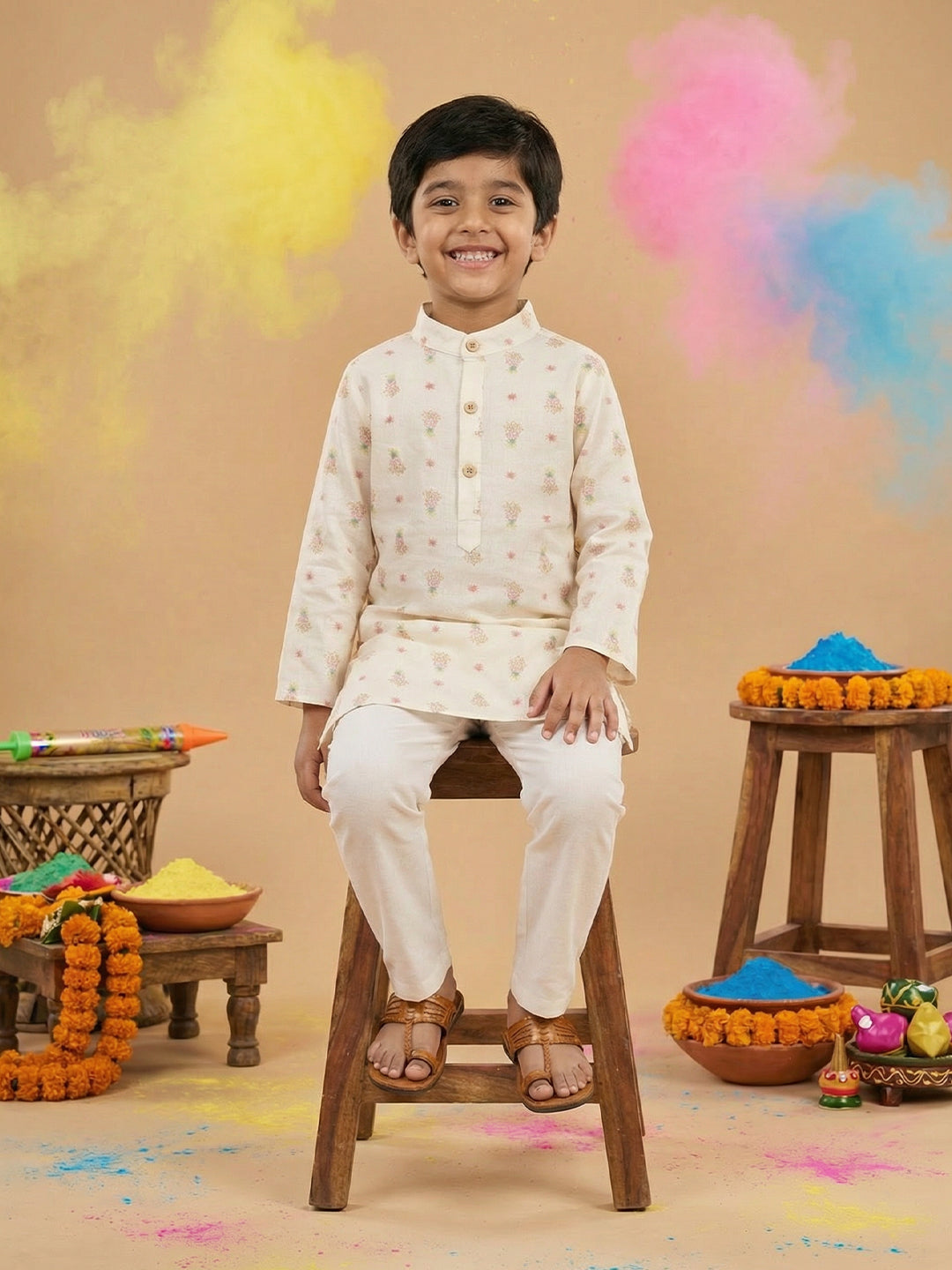 Boys' 100% Cotton Festive Resort Style Pastel Tropical Print Kurta & Pyjama Set